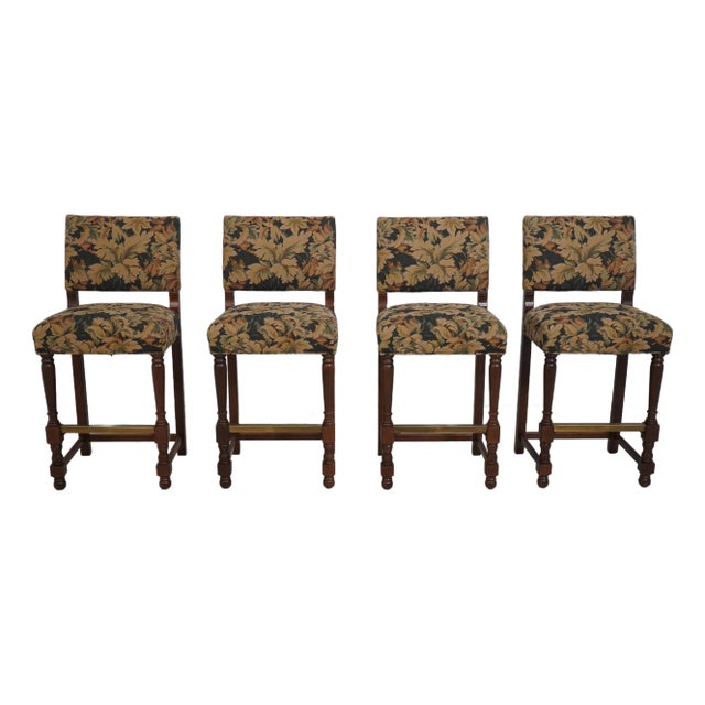 Set of 4 Charles Stewart Tapestry Upholstered Bar Chairs For Sale