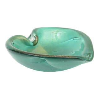 Vintage Murano Barovier E Toso Emerald Green and Gold Aventurine Glass Bowl, 50's For Sale