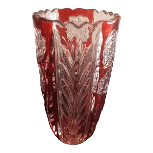 1980s Crystal Clear Germany Red Floral Cut to Clear Crystal Vase