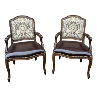 Vintage Pair of Dinning Room Arm Chairs Leather & Needlepoint Upholstery in Queen Anne Style For Sale
