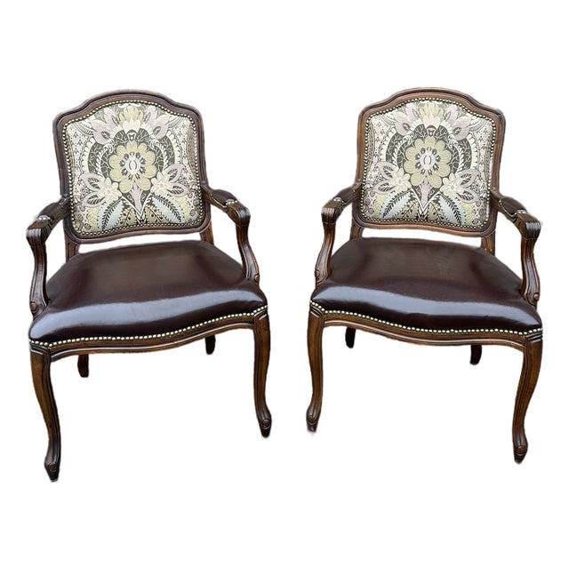 Vintage Pair of Dinning Room Arm Chairs Leather & Needlepoint Upholstery in Queen Anne Style For Sale