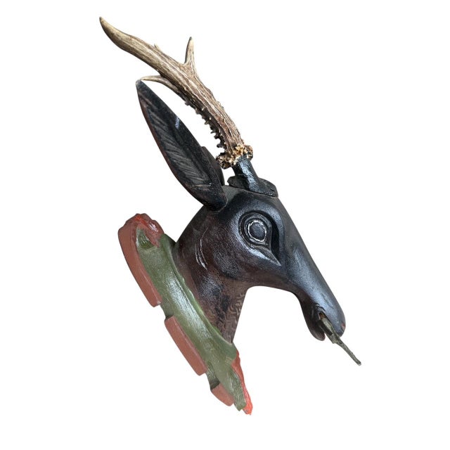 1900 - 1909 Black Forest Wood Carved Deer Head Trophy Antlers For Sale - Image 5 of 6