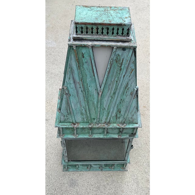 Single Monumental Art Deco Style Verdigris Copper & Brass Wall Lantern For Sale - Image 10 of 14