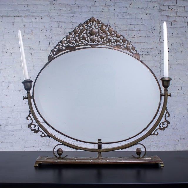 Nostalgic antique Art Nouveau to Victorian tabletop vanity mirror composed of a mix of brass, copper, & bronze stand...