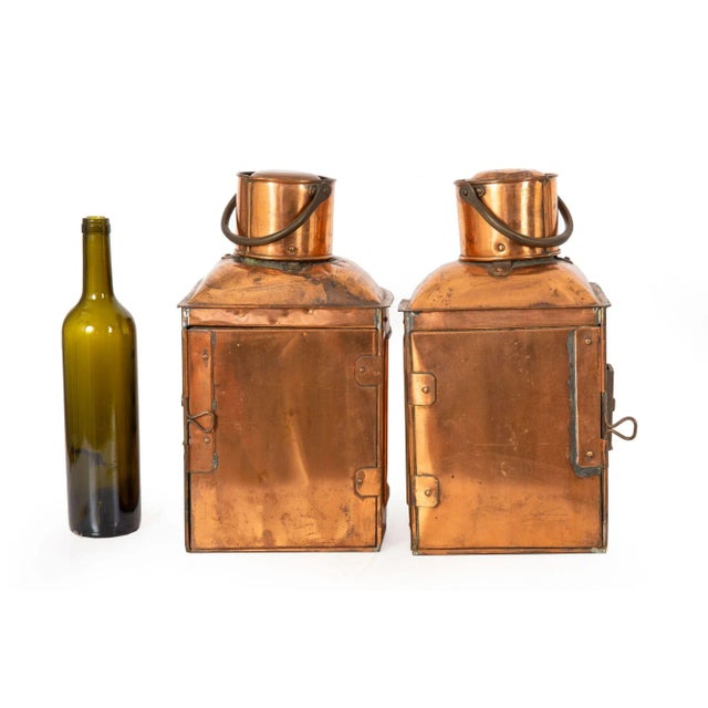 Arts & Crafts Pair of English Copper Ship’s Starboard & Port Ship's Lanterns For Sale - Image 3 of 13