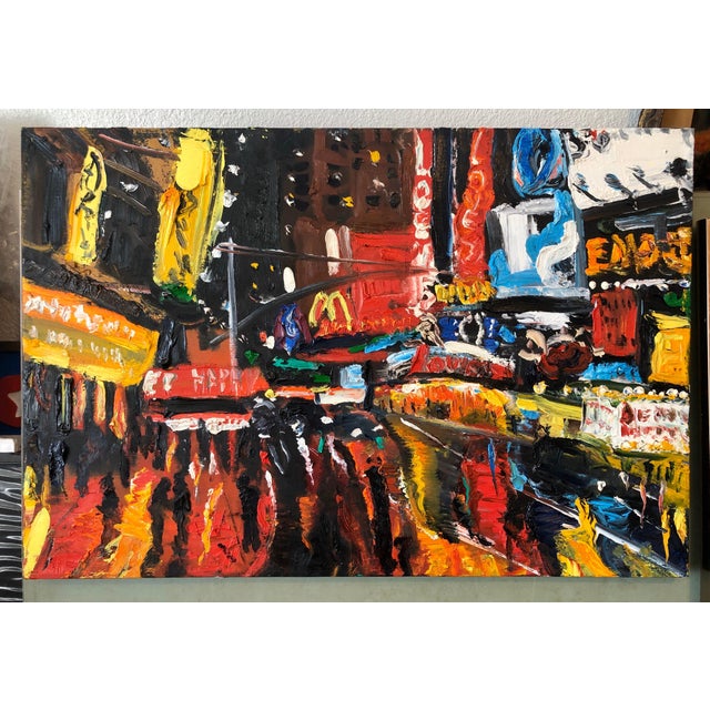 2000 - 2009 Simon Gaon, Vibrant New York City Times Square, Figural Abstract Expressionist Oil Painting For Sale - Image 5 of 10