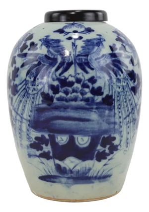 19th Century Antique Chinese Blue and White Porcelain Ginger Jar With Phoenix & Floral Design
