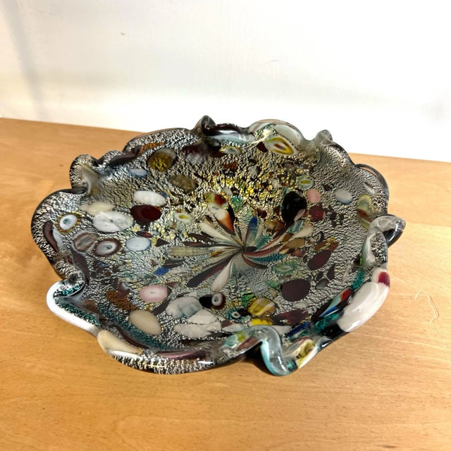 Vintage 1960s Murano Style Tutti Frutti Bowl Black/Multicolored Silver Flakes For Sale In Charleston - Image 6 of 8