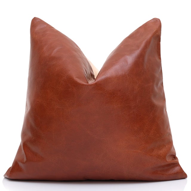 Luxury Cognac Genuine Leather Throw Pillow 18x18 | Handmade Full-Grain Leather Cushion For Sale - Image 4 of 9