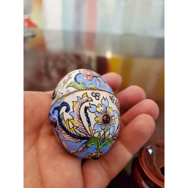 Antique Egg Shaped Enamel Jewel Box Jeweled Cabochons For Sale - Image 9 of 12