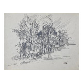 1950s Roy Fox Landscape With House Drawing For Sale