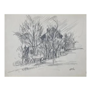 1950s Roy Fox Landscape With House Drawing
