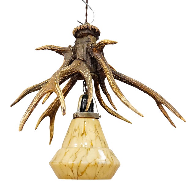 Rustic Black Forest Ceiling Lamp With Deer Antlers 1920s For Sale