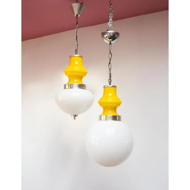 Metal Yellow and White Opaline Glass Pendant, 1960s For Sale - Image 7 of 8