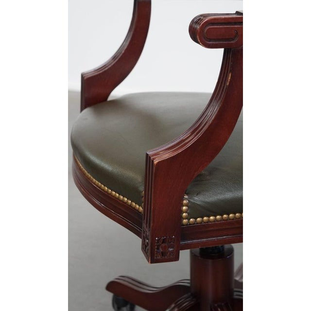 English Green Cowhide and Wooden Office Chair with Decorative Nails on Wheels For Sale - Image 12 of 15