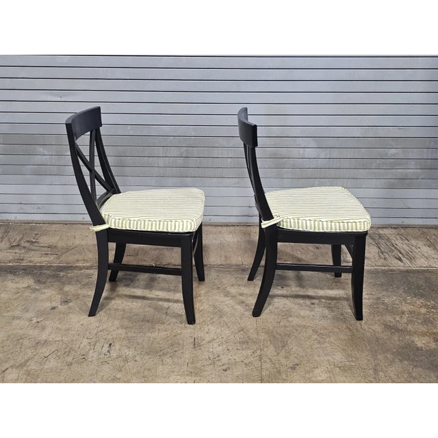 Set of 6 Pottery Barn Black X Back Dining Chairs With Green Striped Padded Seats For Sale - Image 9 of 13
