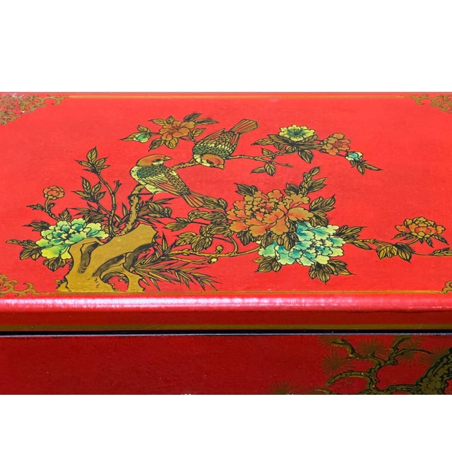 Red Oriental Bright Red Golden Flower Bird Graphic Drawers Chest For Sale - Image 8 of 13