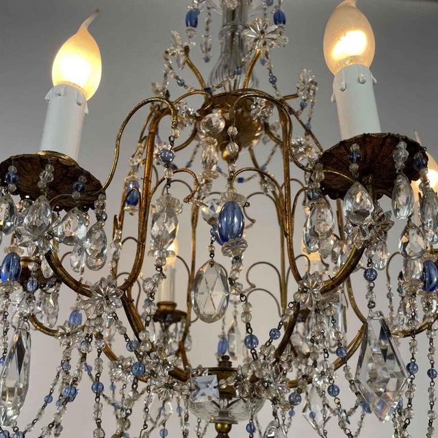 Chandelier in Golden Iron and Light Blue Crystals, 1950s For Sale - Image 9 of 14