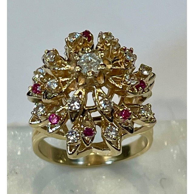Natural Ruby and Diamond 14 Karat Yellow Gold Flower Cocktail Ring For Sale - Image 4 of 18