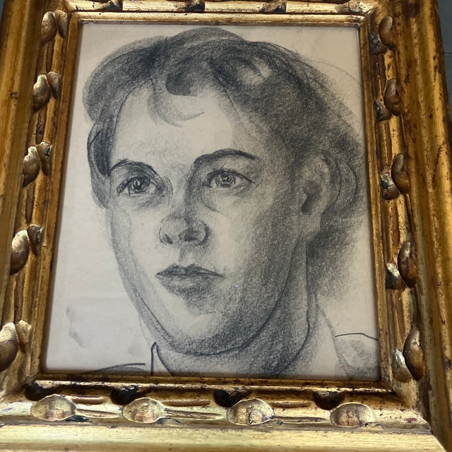 Original 9 x 11 charcoal portrait drawing on paper unsigned study Overall size with vintage carved & gilt wood frame is 15...
