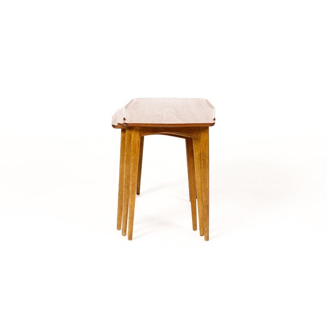 Brown Danish Modern Mid Century Vintage Teak + Oak Nesting Tables — Set of Three — Attributed to Svend Aage Madsen For Sale - Image 8 of 15