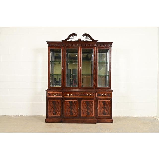 Stickley Georgian Flame Mahogany Lighted Breakfront Bookcase Cabinet For Sale - Image 13 of 13