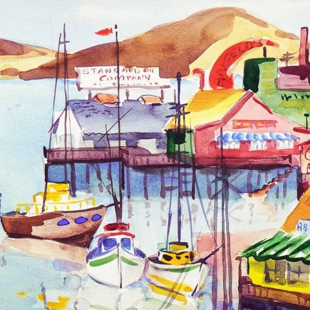 'Fisherman's Wharf, Monterey' by Muriel Backman, 1955; Crocker Art Museum California Modernist For Sale - Image 4 of 9