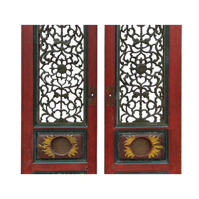 Pair Vintage Red Green Yellow Fujian Relief Carving Door Panels For Sale - Image 9 of 10