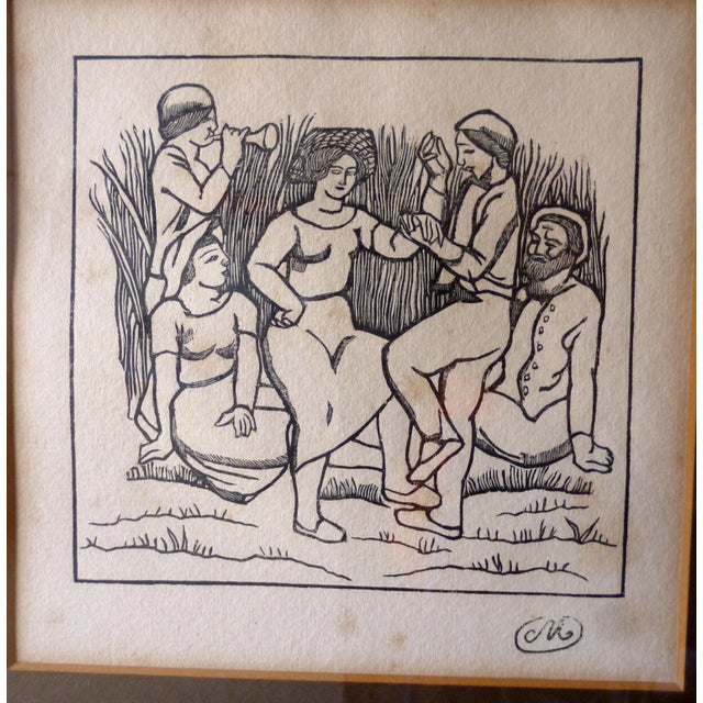 Signed Aristide Maillol print of dancing people. Signed on drawing, "M." Picture size, 6"L x 6"H. Displayed silver-...
