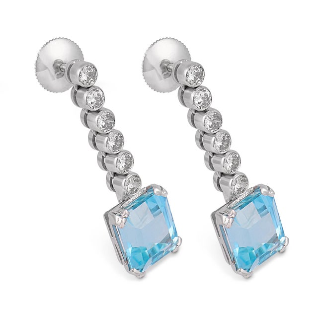 Contemporary Vintage 6.60 Carat Aquamarine Diamond Platinum Drop Earrings, A Pair For Sale - Image 3 of 6