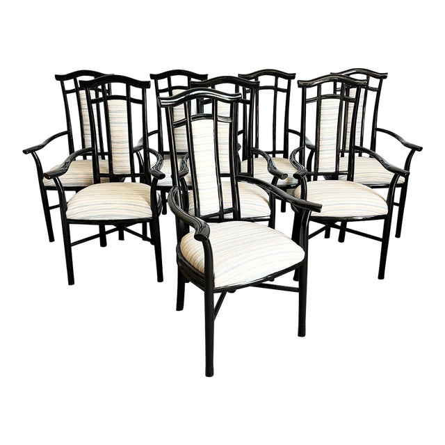 Italian Black Lacquered Sculpted Dining Arm Chairs - Set of 8 For Sale