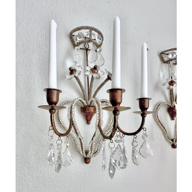 1980s Pair of Bagues Style Crystal Beaded Candle Wall Sconces For Sale - Image 5 of 16