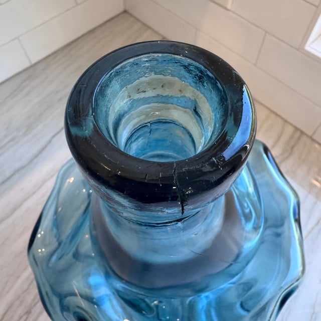 Vintage Sculptural Aqua Blue Glass Demijohn Bottle Large MCM Style Art Glass Vase For Sale In Los Angeles - Image 6 of 16