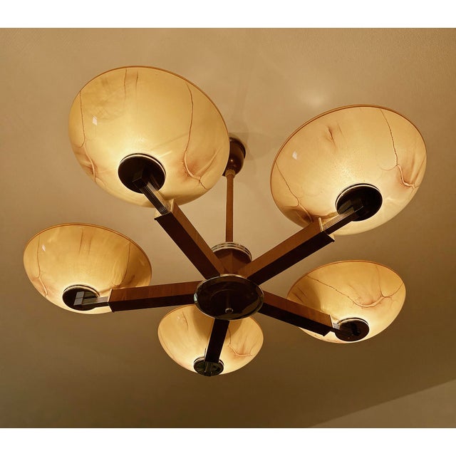 White Large Art Deco Pendant Light in Wood and Glass, 1930s For Sale - Image 8 of 18