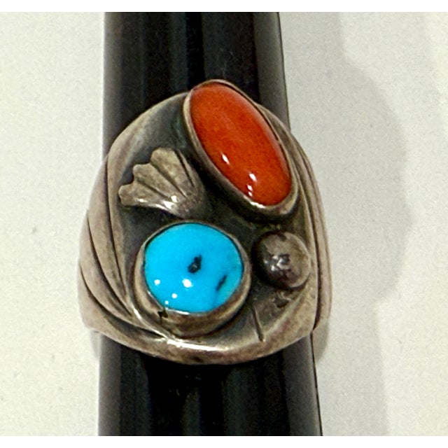 Old Pawn heavy gauge Navajo ring with turquoise and coral stones. Southwestern Native American, unsigned, as many Old Pawn...