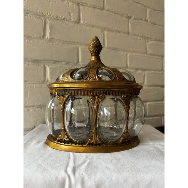 Mid 20th Century Solid Brass & Hand Blown Bubble Glass Lidded Dome Apothecary Jar For Sale - Image 4 of 8