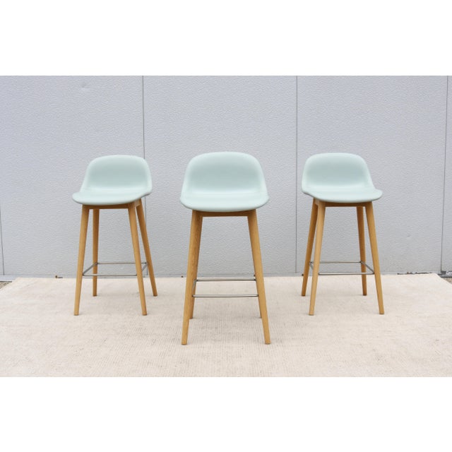Iskos-Berlin Design Danish Iskos-Berlin for Muuto Leather Fiber Counter Stools Wood Base - Set of 3 For Sale - Image 4 of 18
