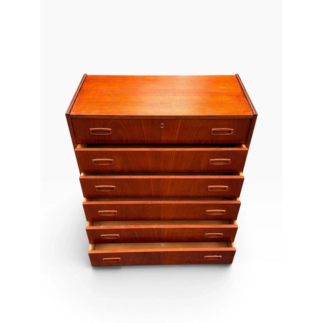 Mid 20th Century Mid-Century Danish Modern Teak Tallboy Dresser | Six Drawers With Carved Oval Pulls For Sale - Image 5 of 11