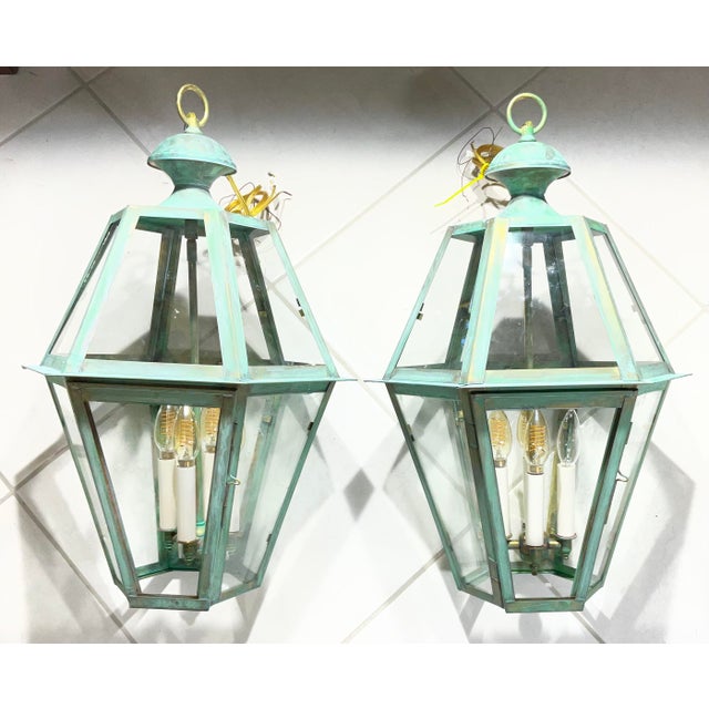 2020s Exquisite Pair of Vintage Solid Brass Hexagonal Hanging Lanterns - 24” X 16” For Sale - Image 5 of 16