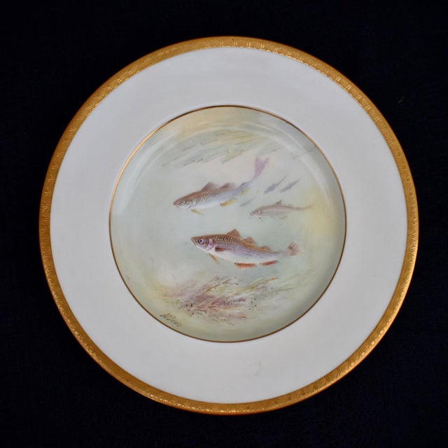 Ceramic Set of 6 Antique Minton for Tiffany Hand Painted Fish Cabinet Plates Gold Rim For Sale - Image 7 of 18