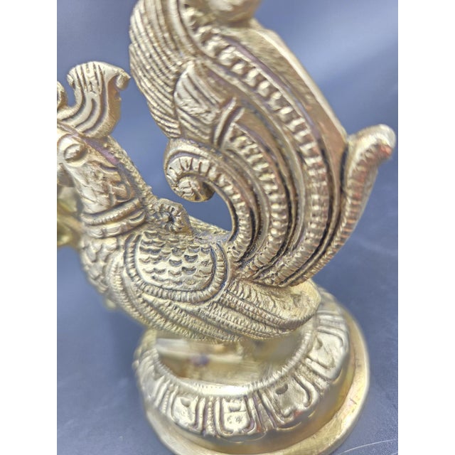 Brass Vintage Mid-Century Solid Handcrafted Brass Peacock Diya- Oil Lamp For Sale - Image 8 of 18