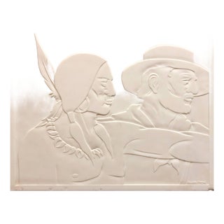 Abraham Harriton, Rare Milk Glass Carved Sculpture Panel Cowboy Indian WPA Artist Americana, c.1940 For Sale