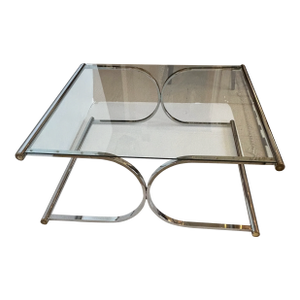 Chrome and Glass X Motif Large Square Coffee Table With Brass Accents