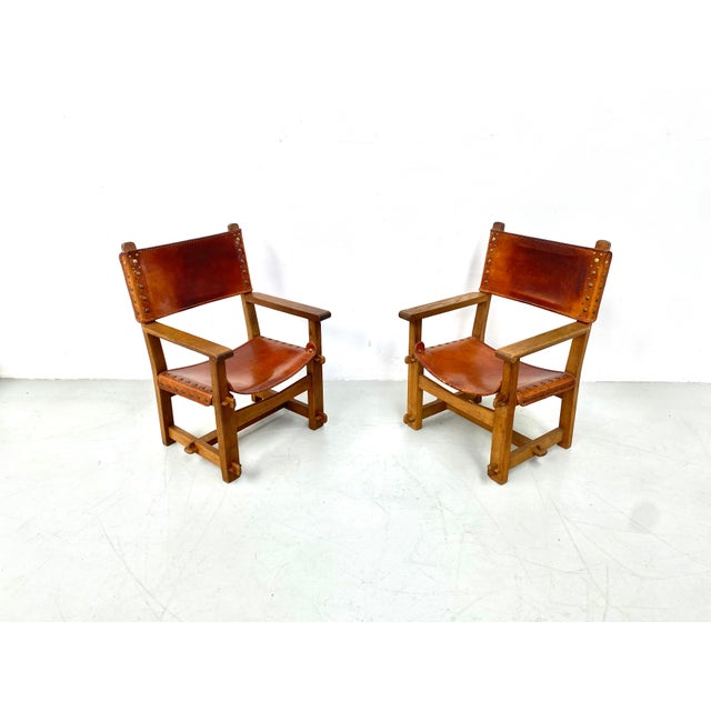 Vintage French Brutalist Castle Armchairs in Oak and Cognac Leather, 1920s, Set of 2 For Sale - Image 11 of 13