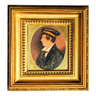 Interesting 19th Century Austrian Military Antique Portrait Miniature Painting Original Gilt Frame Home Decor For Sale