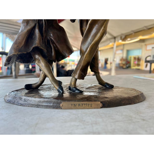 Vintage French Lost Wax Bronze Sculpture of a couple. Titled “A Kiss” (Un Baiser). For Sale - Image 4 of 9