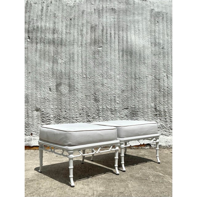 Late 20th Century Vintage Coastal Brown Jordan “Calcutta” Aluminum Ottomans - A Pair For Sale - Image 5 of 11