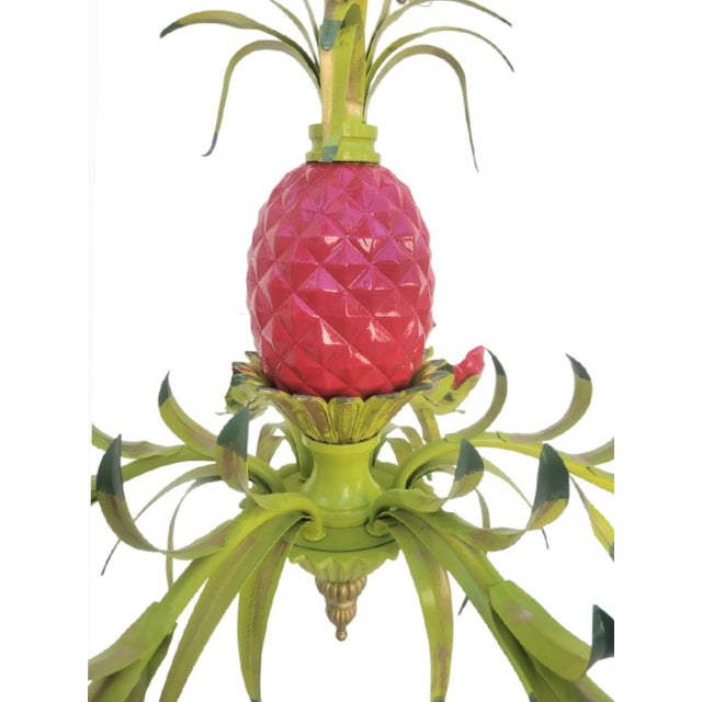 Metal Vintage Custom Hand Painted Palm Beach Regency Pink Green Pineapple 6 Light Chandelier W/ Striped Shades For Sale - Image 7 of 12