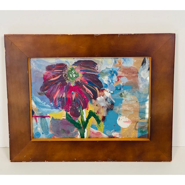 Colourful abstract contemporary acrylic on brown paper painting in wooden frame.