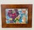 Colourful abstract contemporary acrylic on brown paper painting in wooden frame.